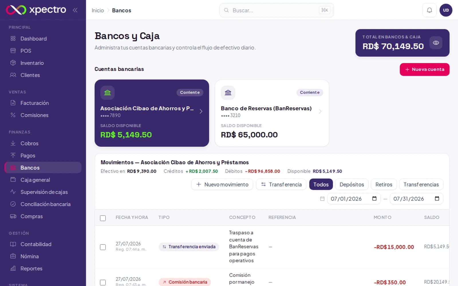 Pantalla de Bancos con cuentas, movimientos y conciliación