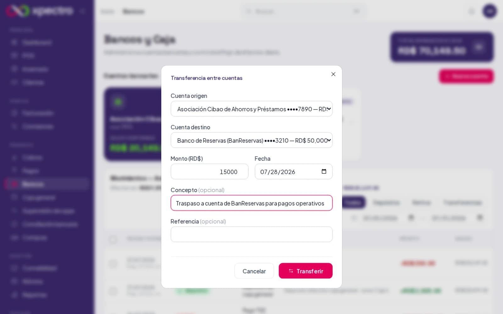Ventana de transferencia entre cuentas bancarias