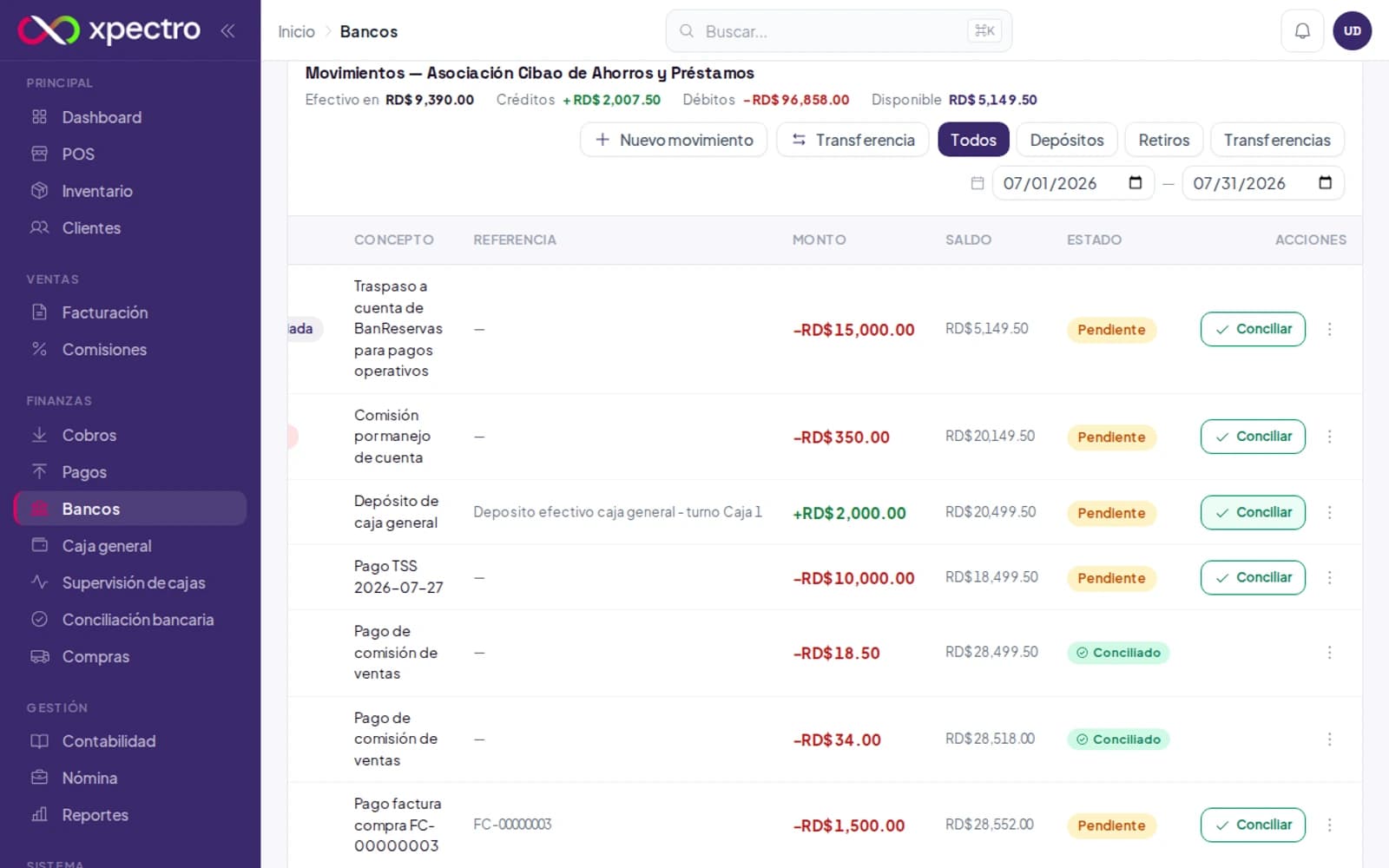 Movimientos bancarios con su estado de conciliación