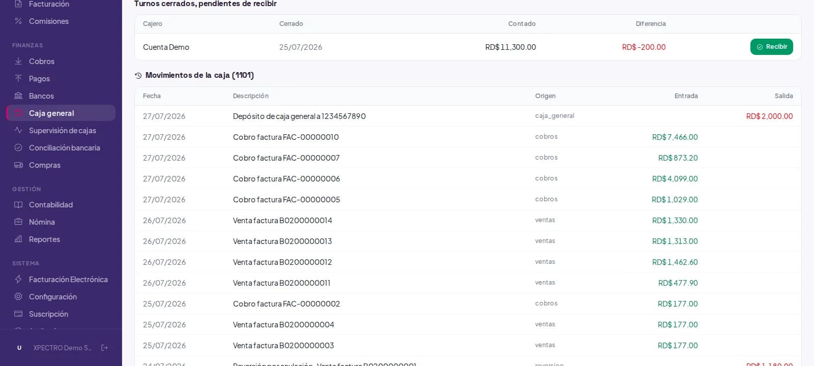 Historial de movimientos de Caja general con entradas y salidas