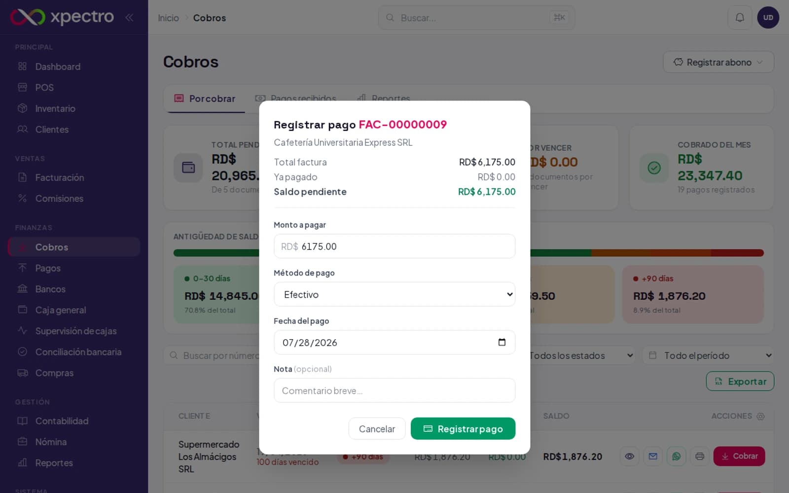 Ventana Registrar pago con monto, método de pago y fecha