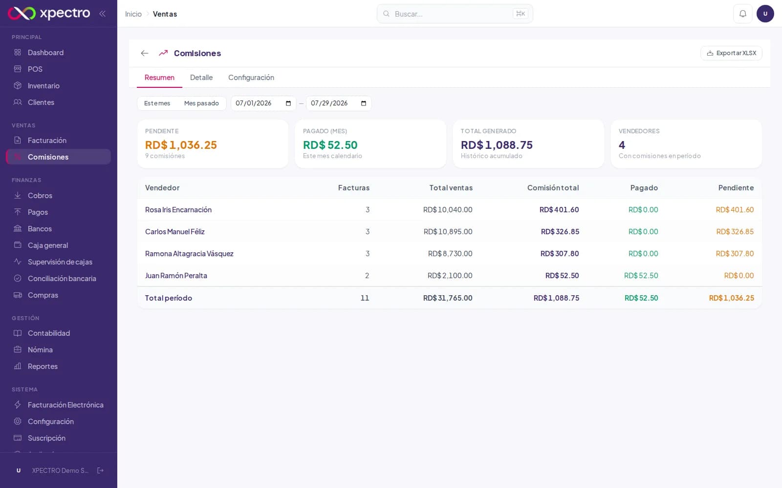 Resumen de comisiones con KPIs de pendiente, pagado y total generado por vendedor