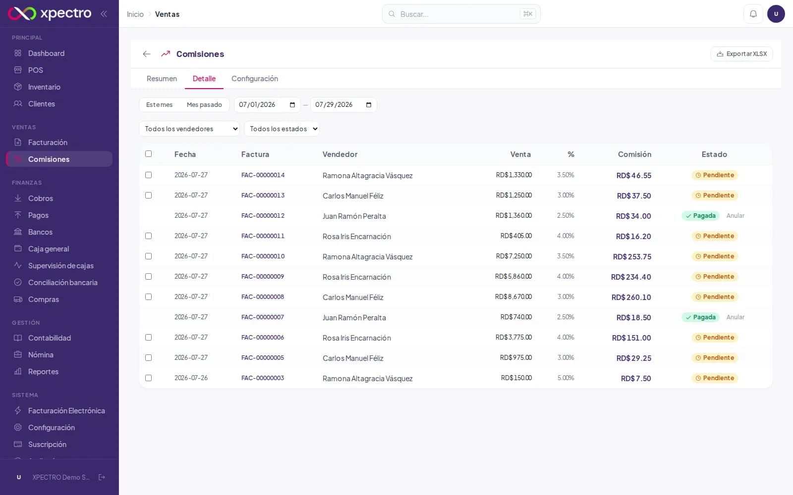 Detalle de comisiones por factura, vendedor y estado