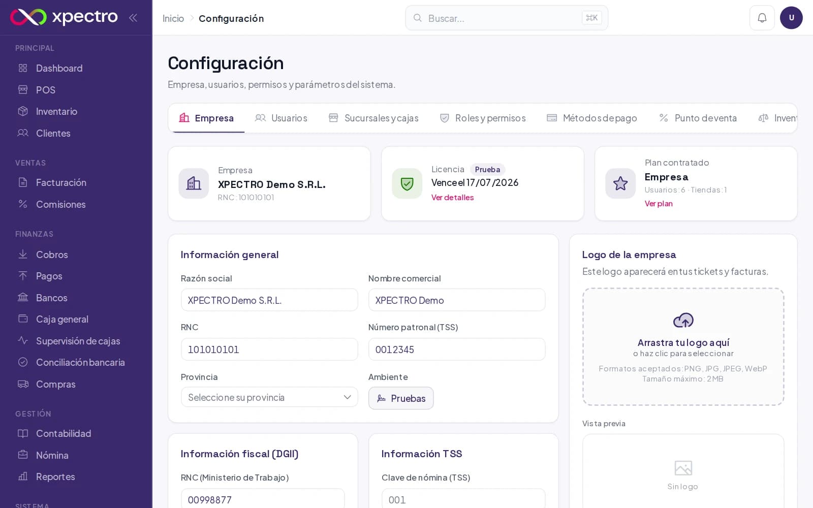 Datos de la empresa en Configuración