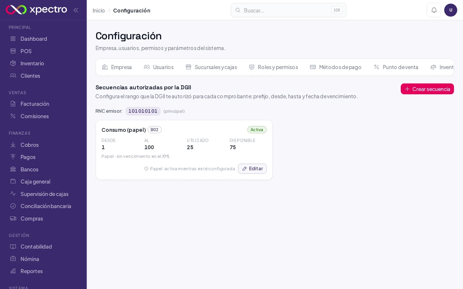 Secuencias NCF por tipo de comprobante