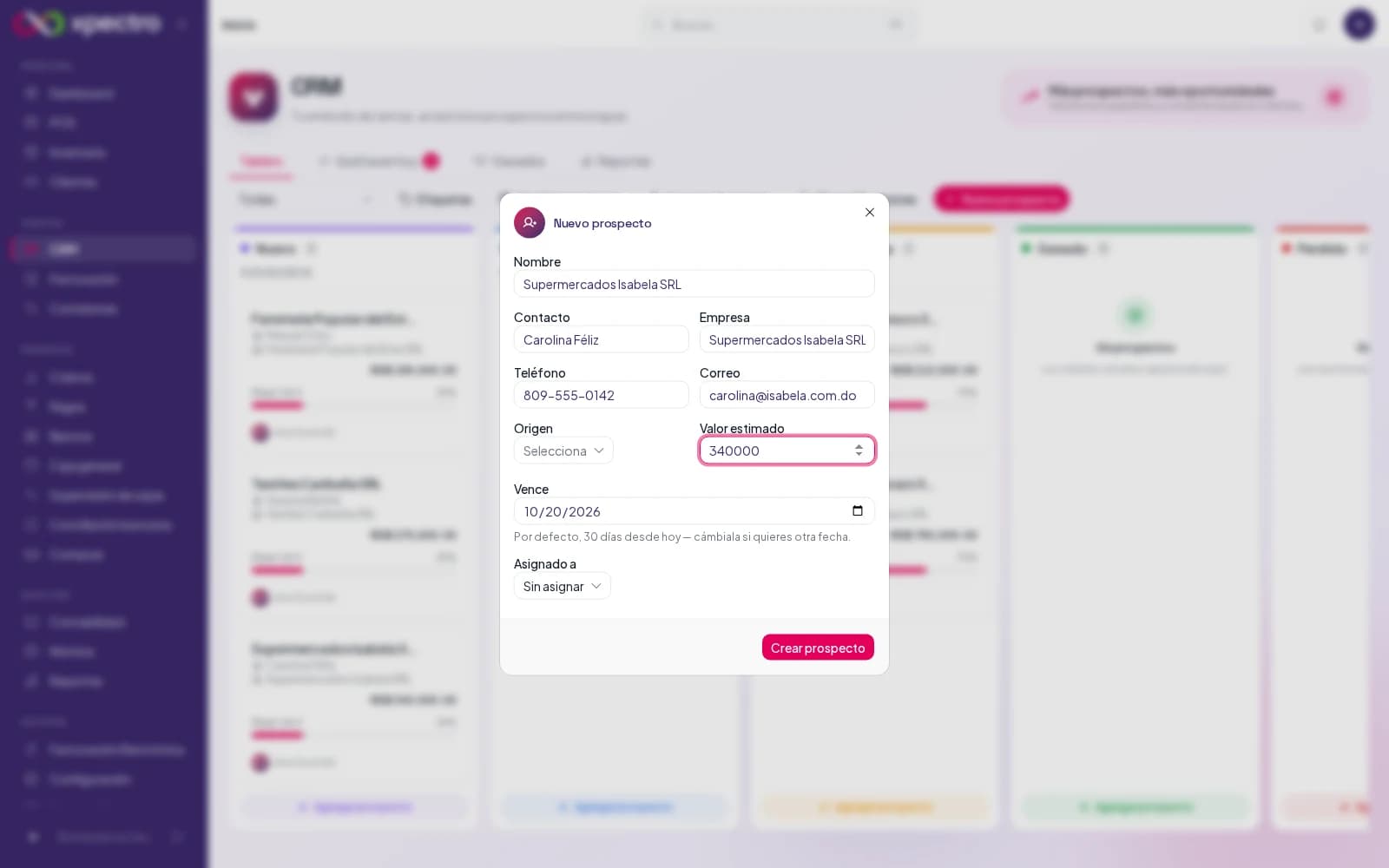 Formulario de nuevo prospecto con sus datos de contacto y valor estimado