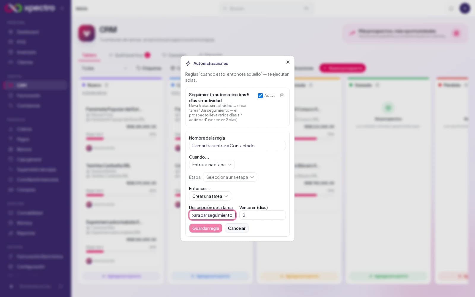 Formulario de nueva regla de automatización, cuando entra a una etapa, entonces crear una tarea