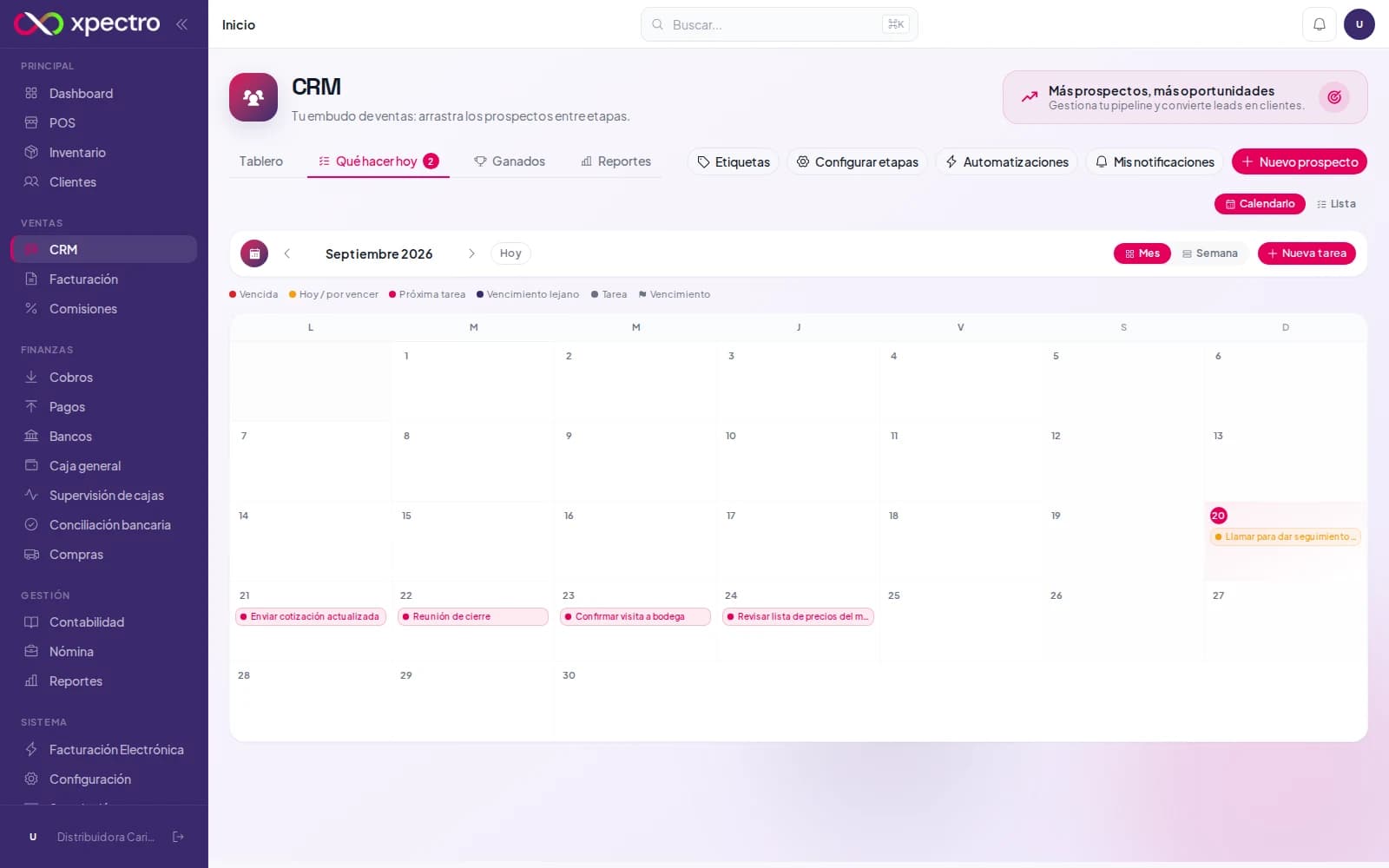 Calendario mensual «Qué hacer hoy» del CRM con tareas por día