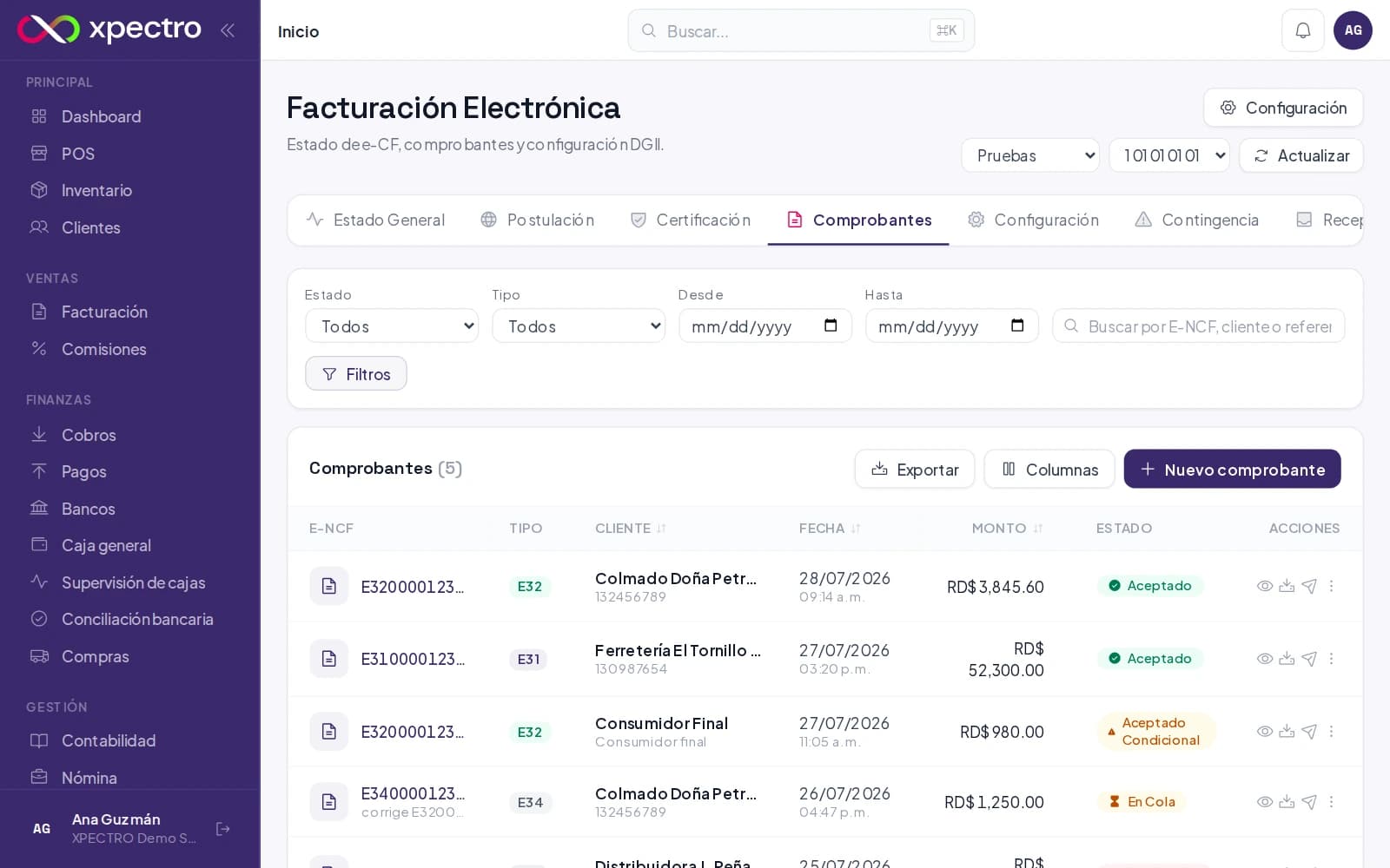 Módulo de facturación electrónica de XPECTRO con comprobantes e-CF y su estado ante la DGII