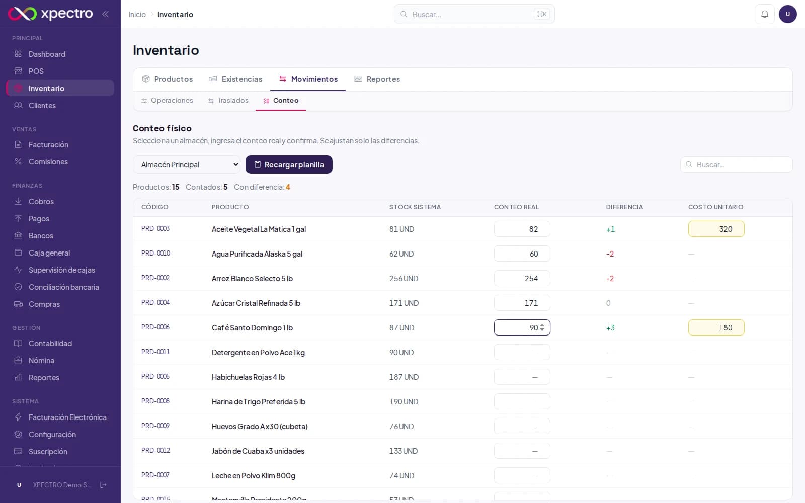 Planilla de conteo físico con stock del sistema y columna de conteo real