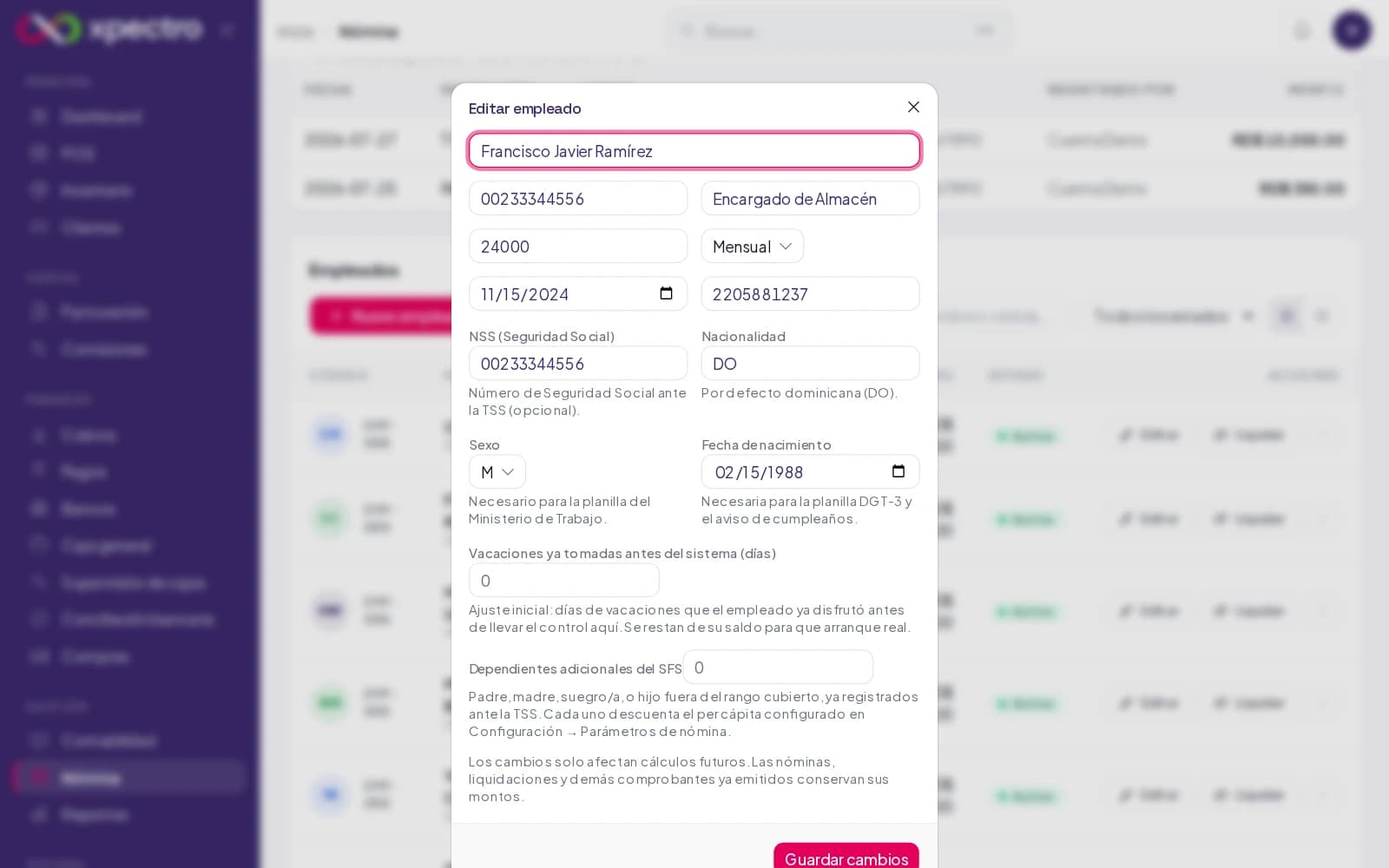Ficha del empleado con cédula, NSS, sexo y fecha de nacimiento