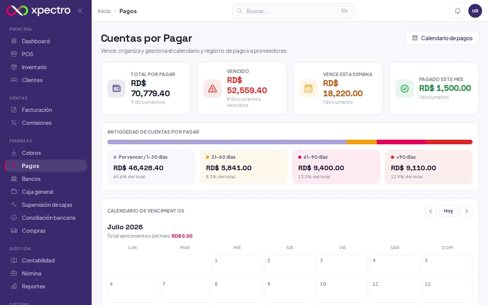 Pantalla de Cuentas por Pagar con antigüedad y calendario de vencimientos