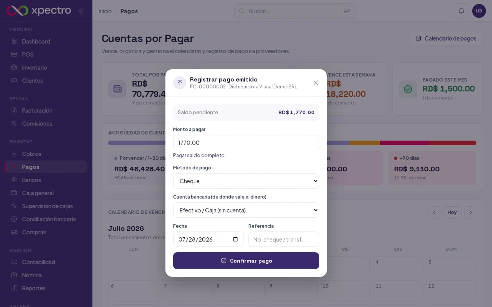 Ventana Registrar pago emitido con método y cuenta bancaria