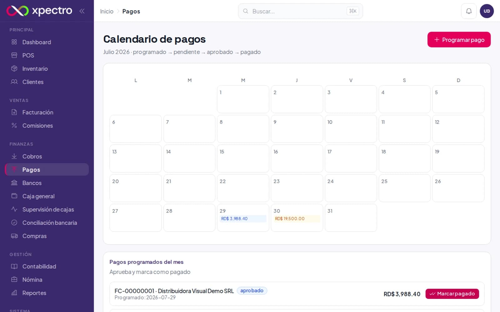 Calendario de pagos programados con estados