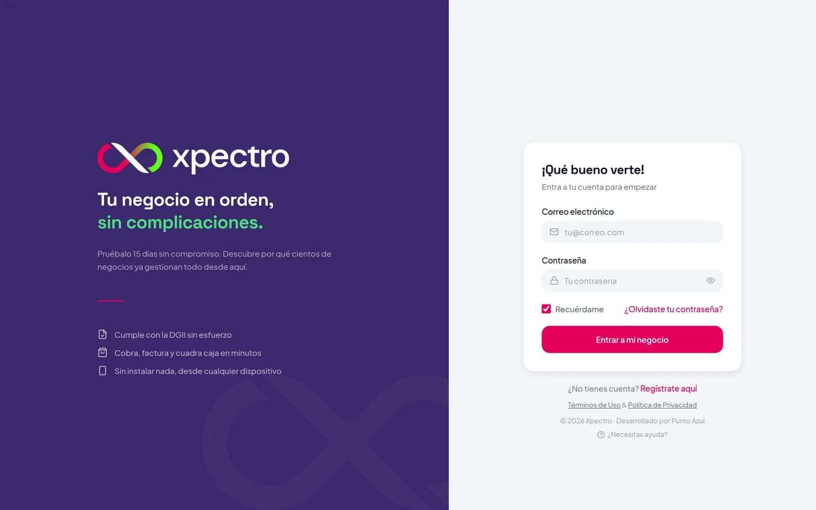 Pantalla de inicio de sesión de XPECTRO