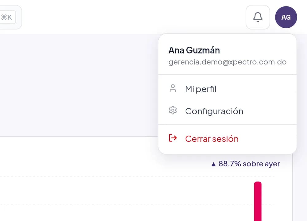 Menú de usuario con las opciones Mi perfil y Cerrar sesión