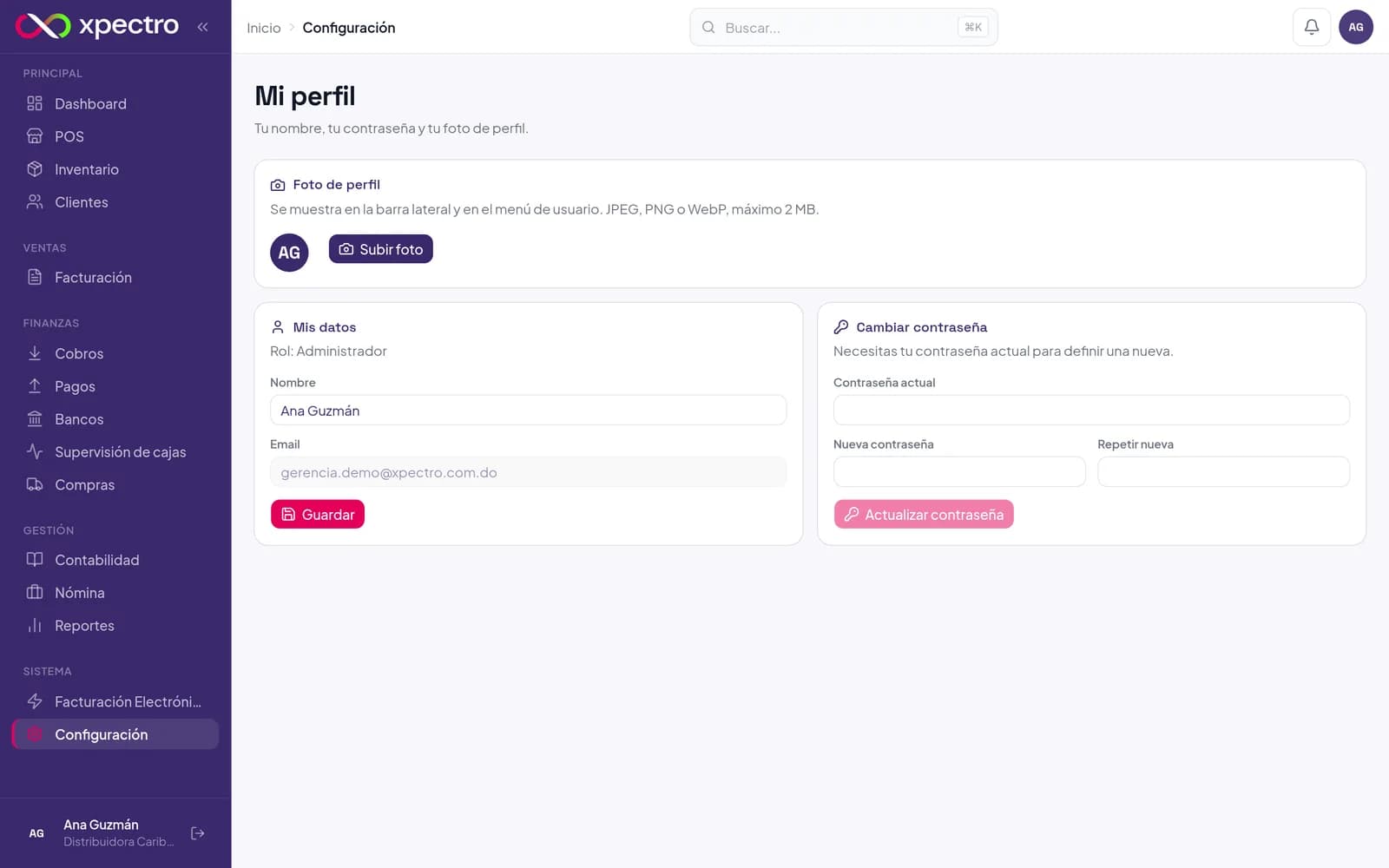 Página Mi perfil: foto, datos y cambio de contraseña