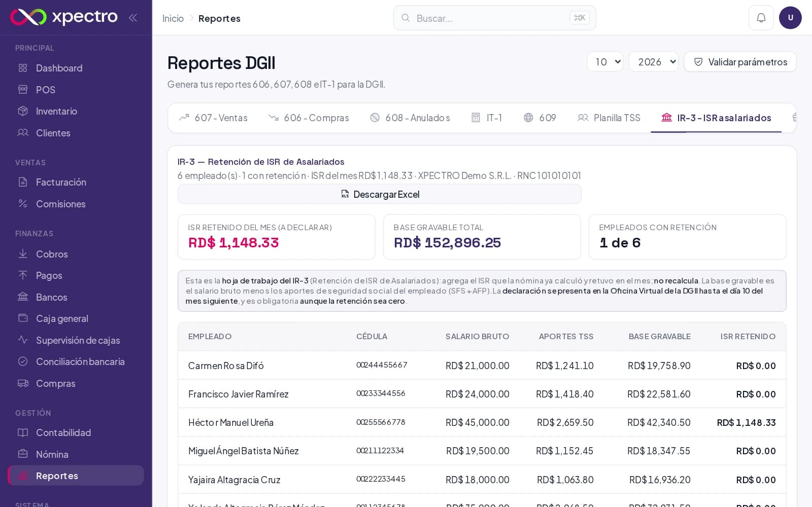 IR-3 con el ISR retenido del mes por empleado