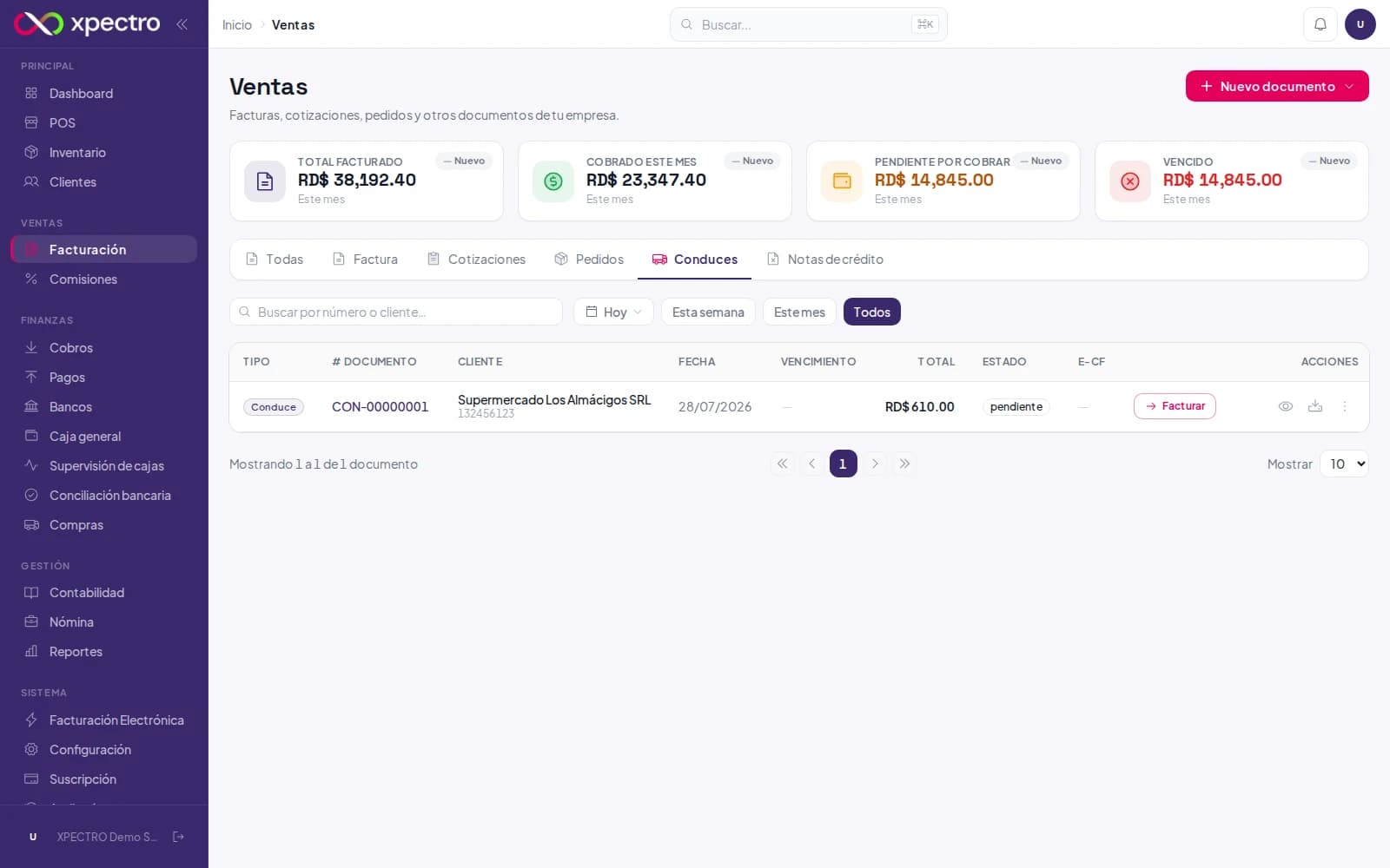 Lista con el botón de conversión a factura