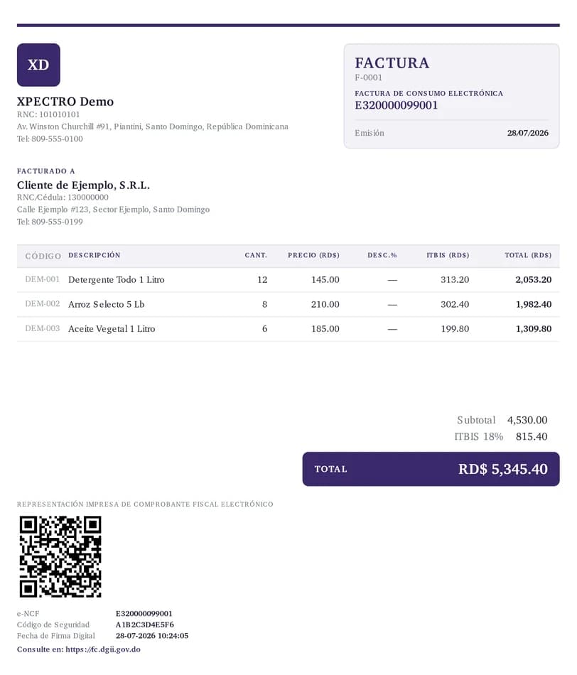 Representación impresa de ejemplo de un e-CF: factura electrónica con su código QR de verificación