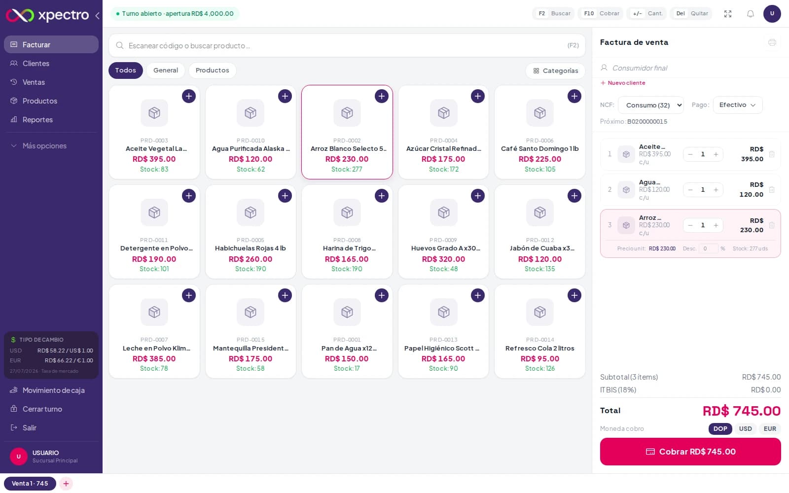 Punto de venta de XPECTRO con catálogo e inventario