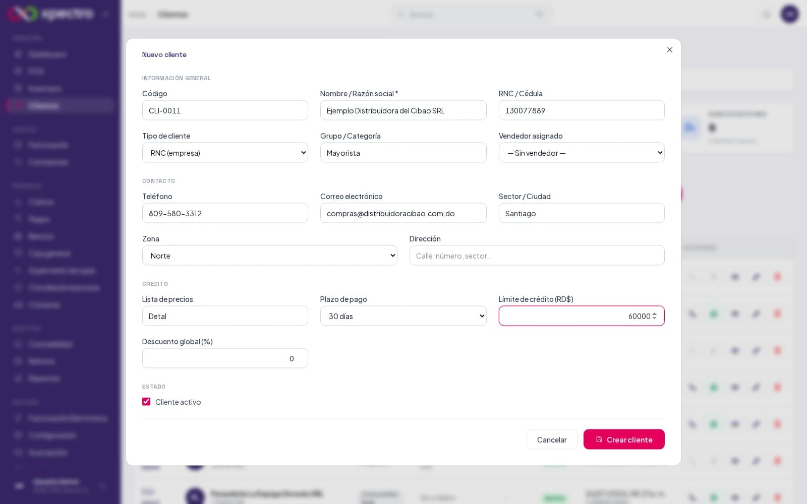 Formulario de nuevo cliente con datos generales, contacto y crédito