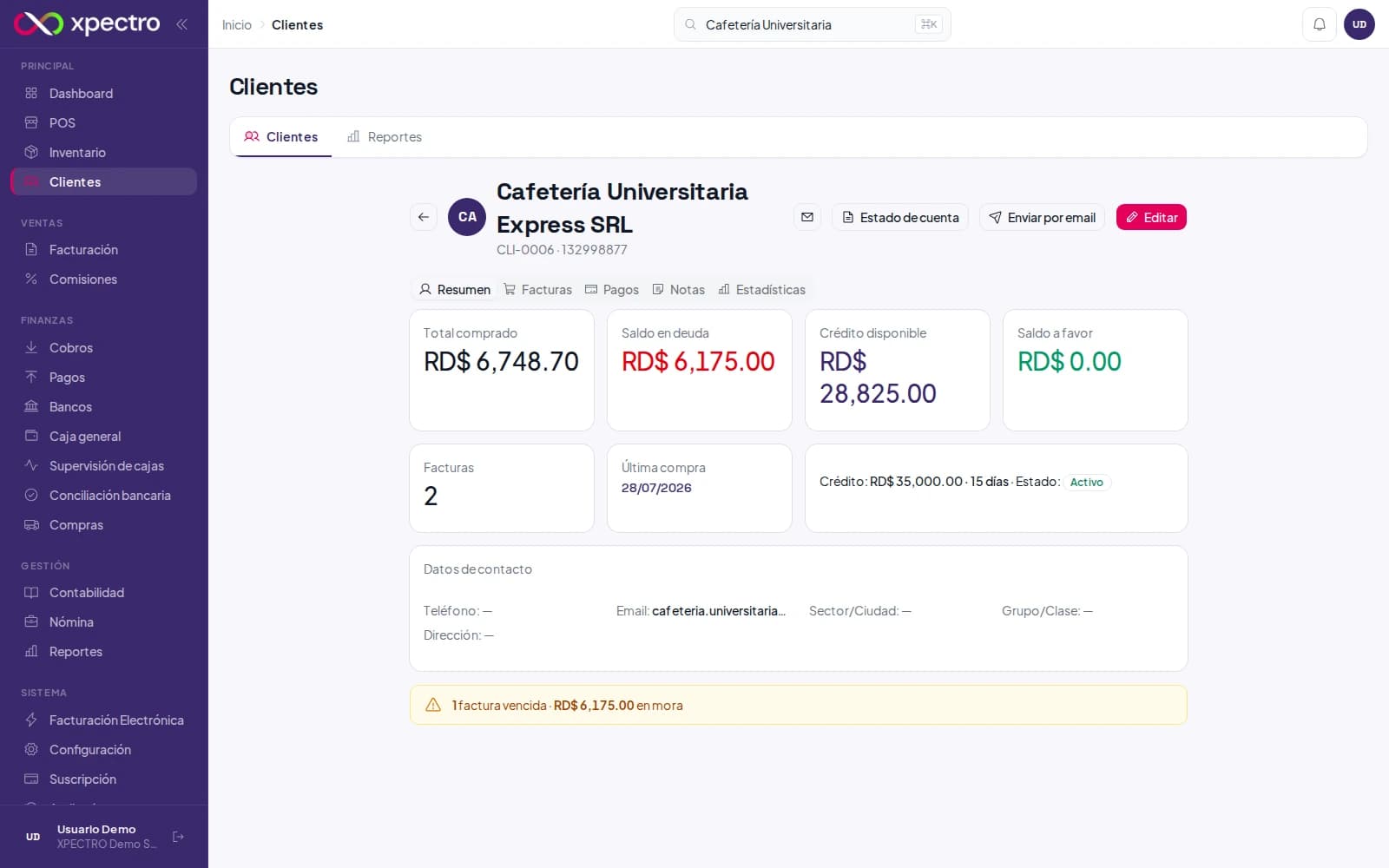 Ficha de cliente con resumen de cuenta, crédito disponible y saldo a favor