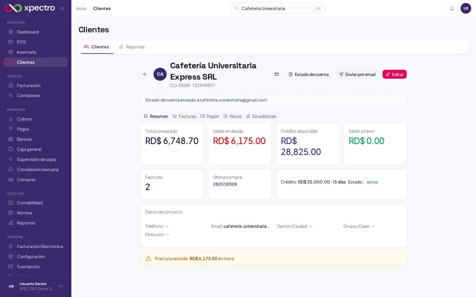 Estado de cuenta del cliente enviado por correo desde su ficha