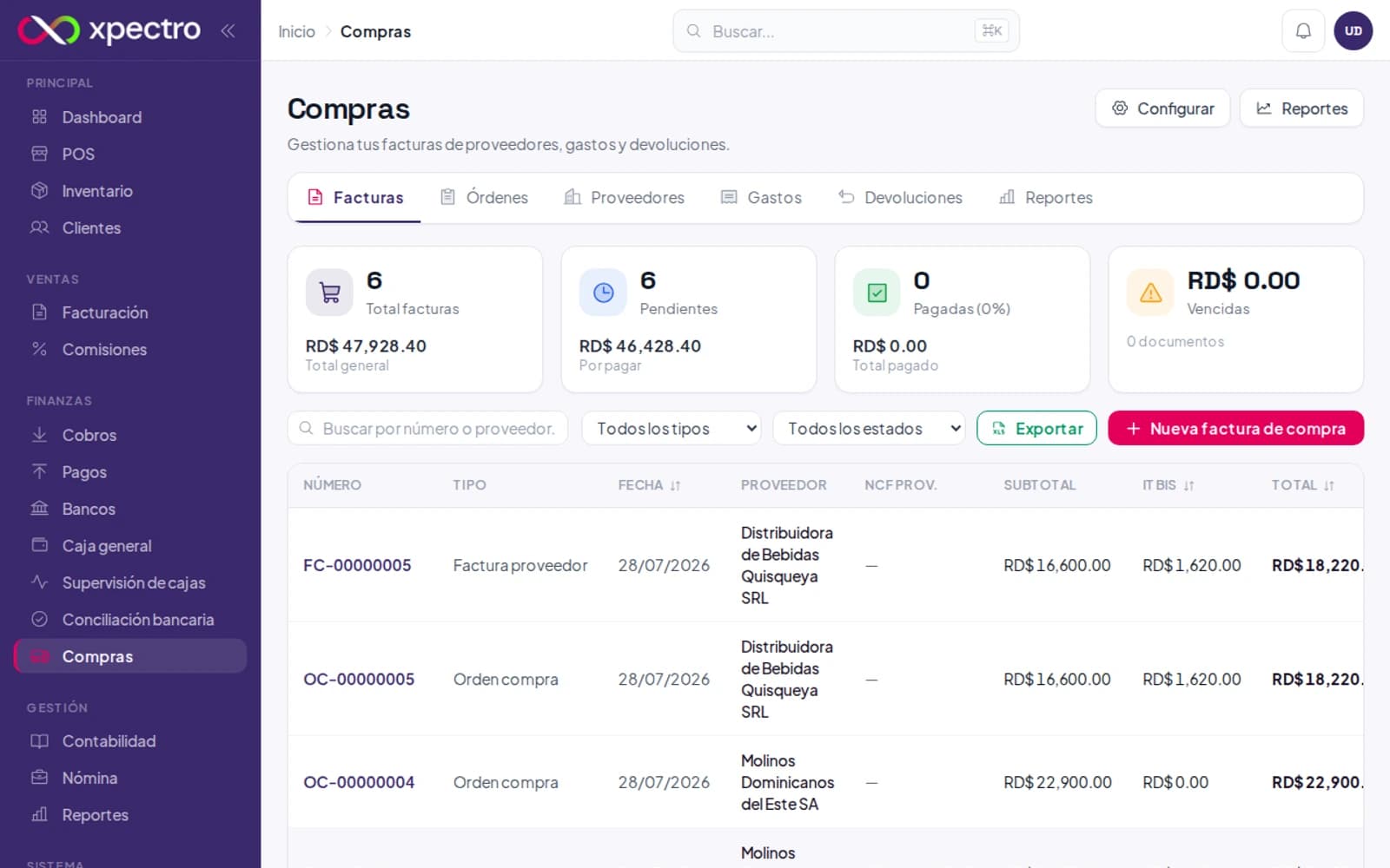 Lista de facturas de compra con NCF de proveedor