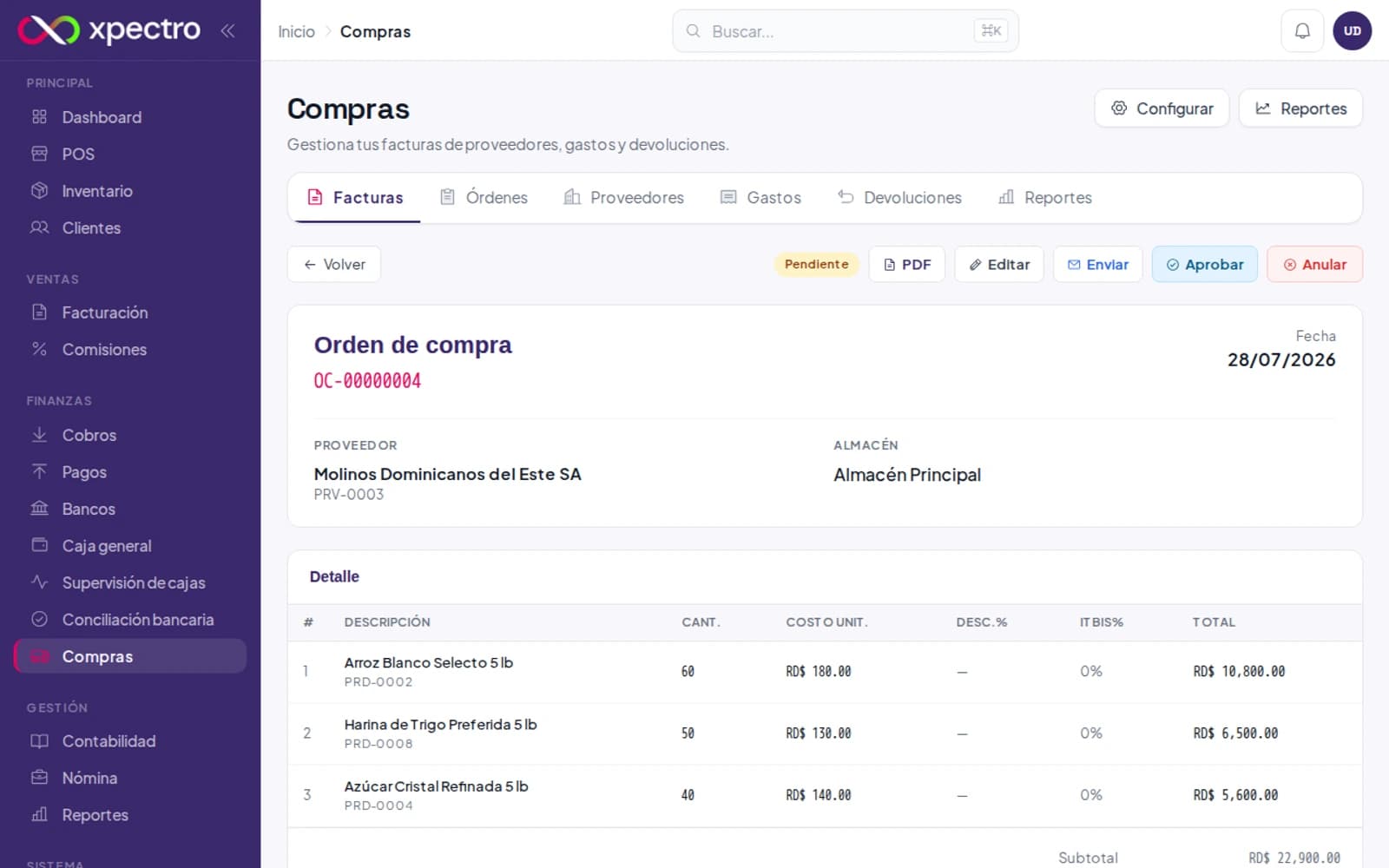 Detalle de la orden de compra pendiente con las acciones Aprobar y Convertir a factura