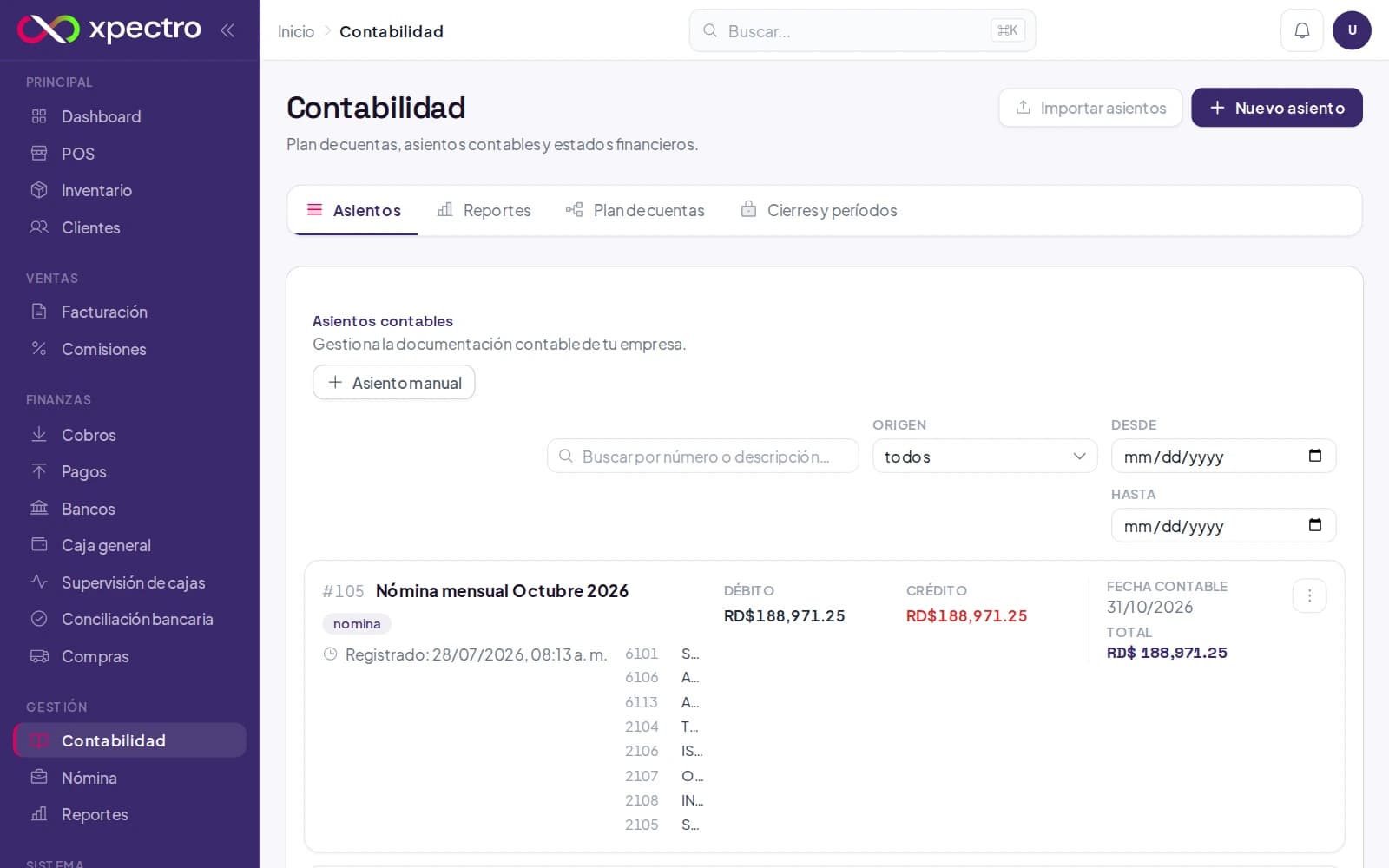Diario de asientos contables generados automáticamente