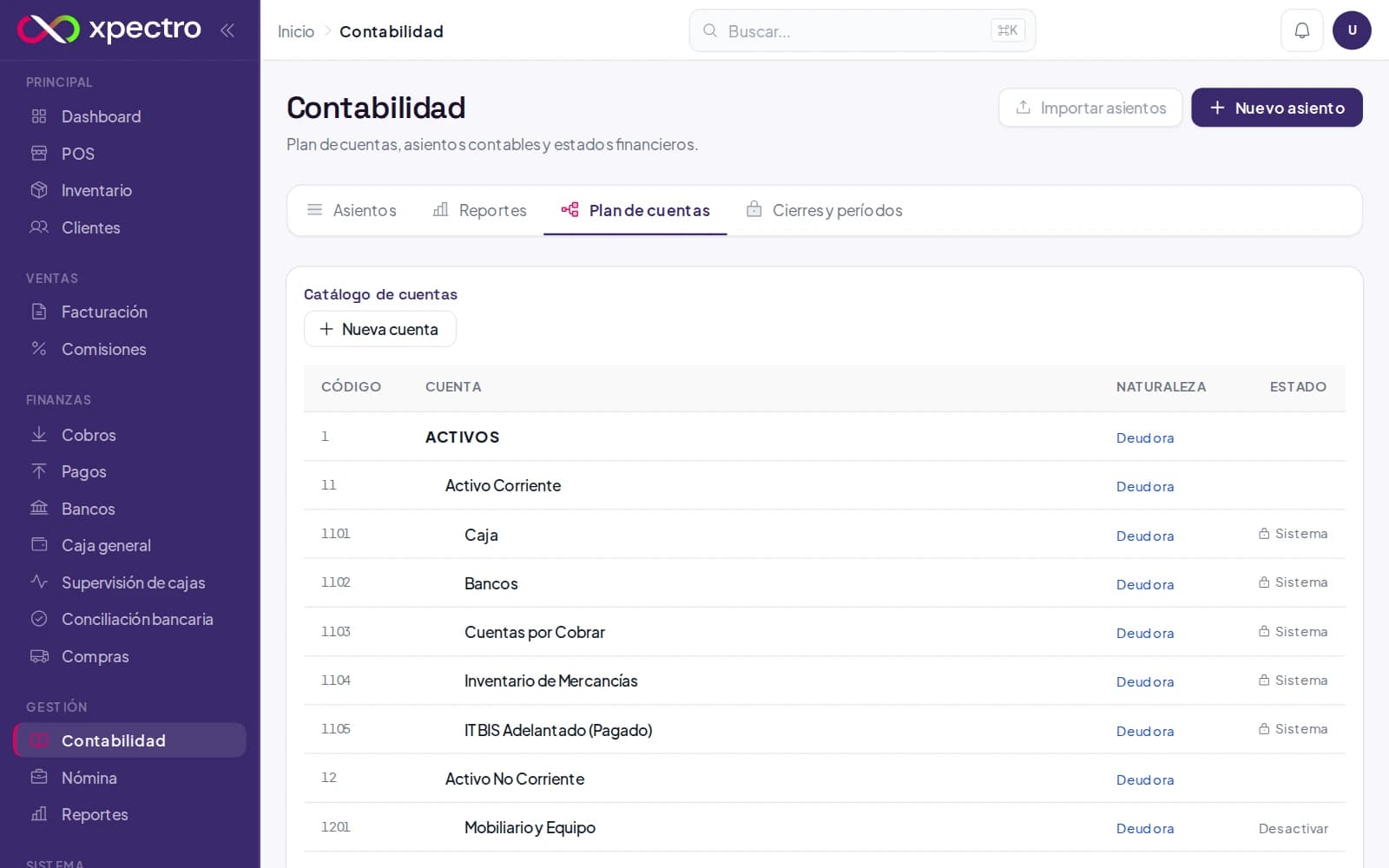 Plan de cuentas jerárquico con naturaleza y cuentas de sistema protegidas