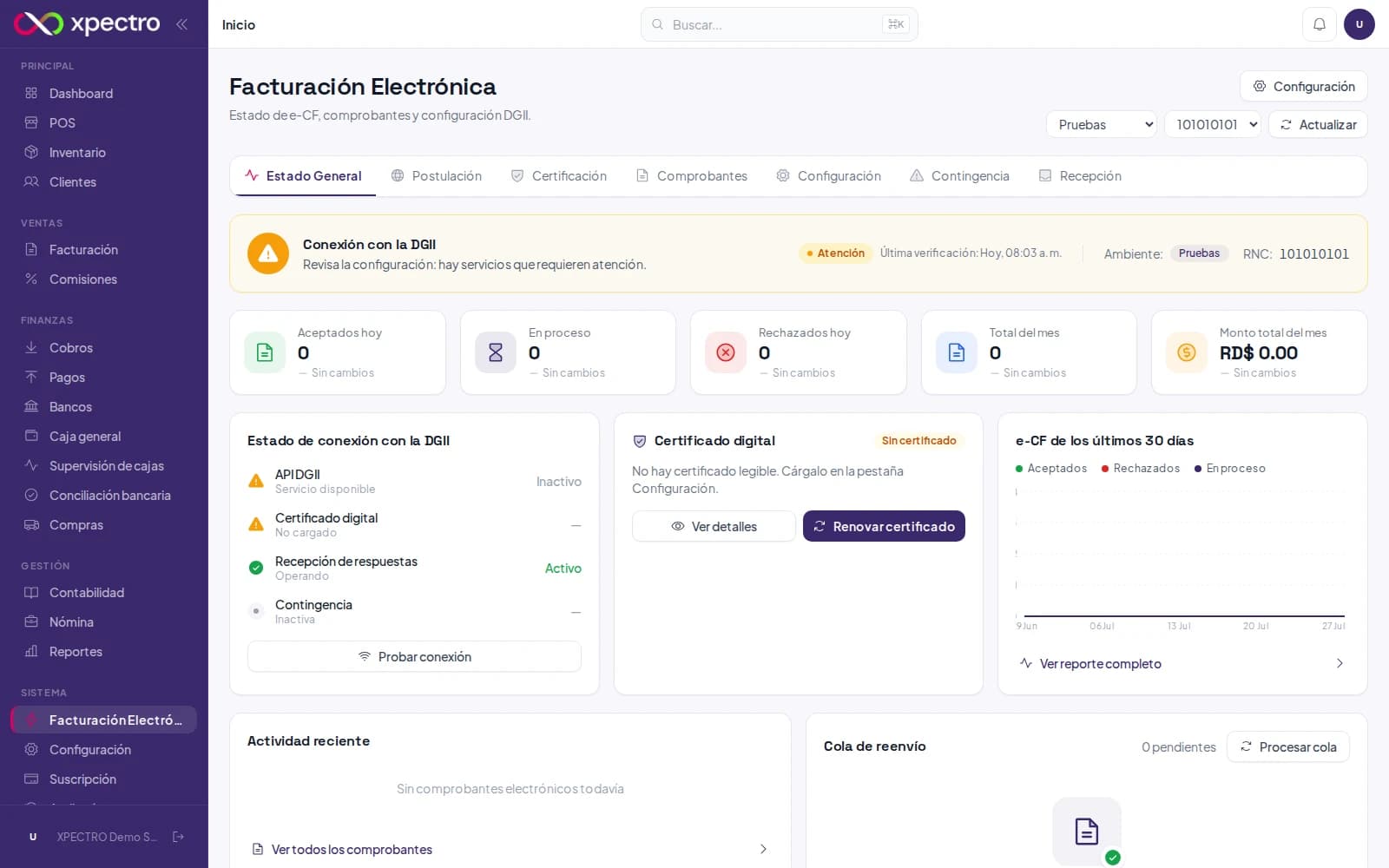 Estado general con la conexión a la DGII y el certificado