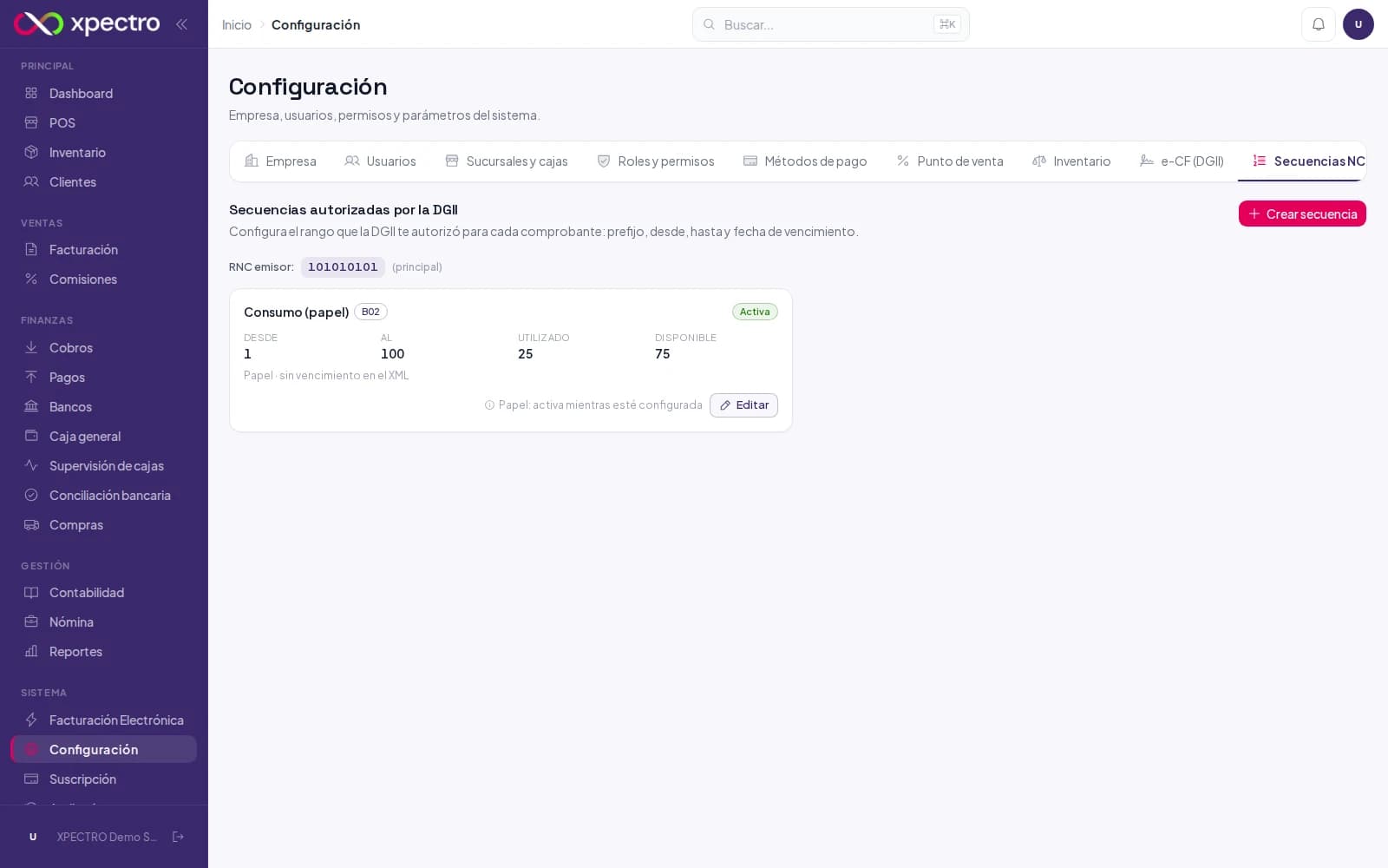 Secuencias e-NCF por tipo de comprobante